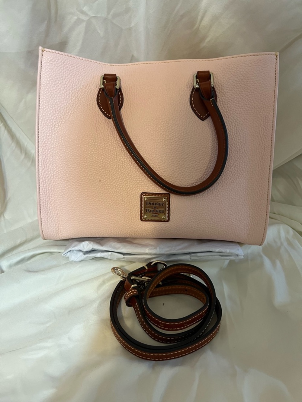 Dooney & Bourke Blush Pink Pebble Leather Satchel with Tan Trim
